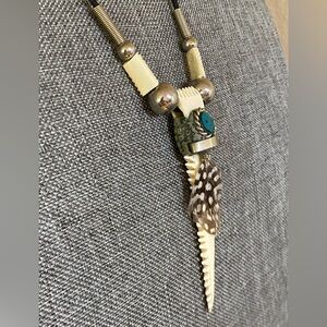 Southwestern Bone Fetish Necklace w/ Turquoise & Feather – Tribal Boho